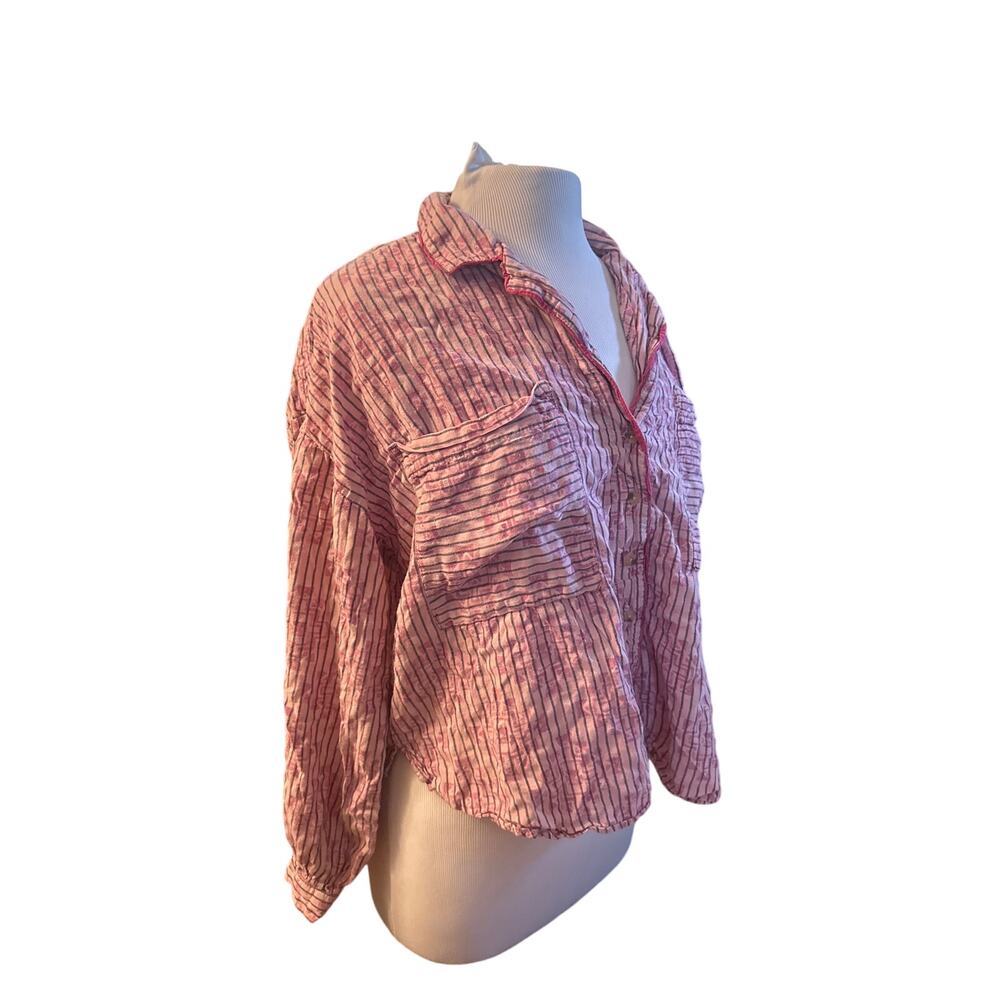 Women L Anthropologie Button Sleep Pajama Shirt Top Pink Stripec Printed Blouse